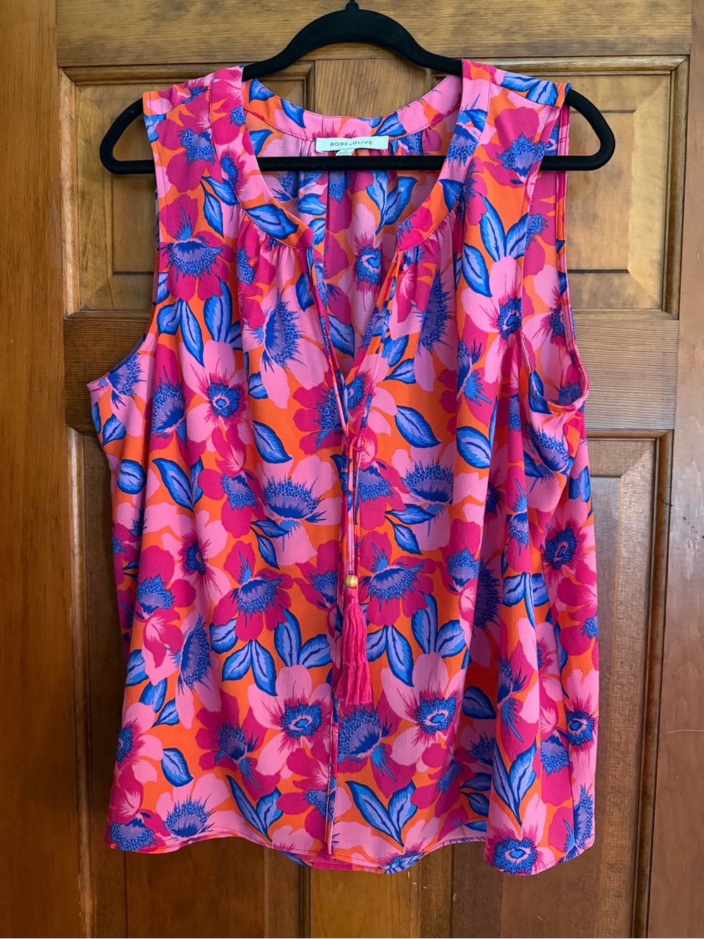 Rose + Olive Womens 1X Pink Orange Blue Floral Tassel Sleeveless Blouse